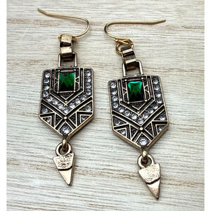 Art Deco Style Earrings Faux Emerald White Rhinestone Accents Gold Tone Dangles